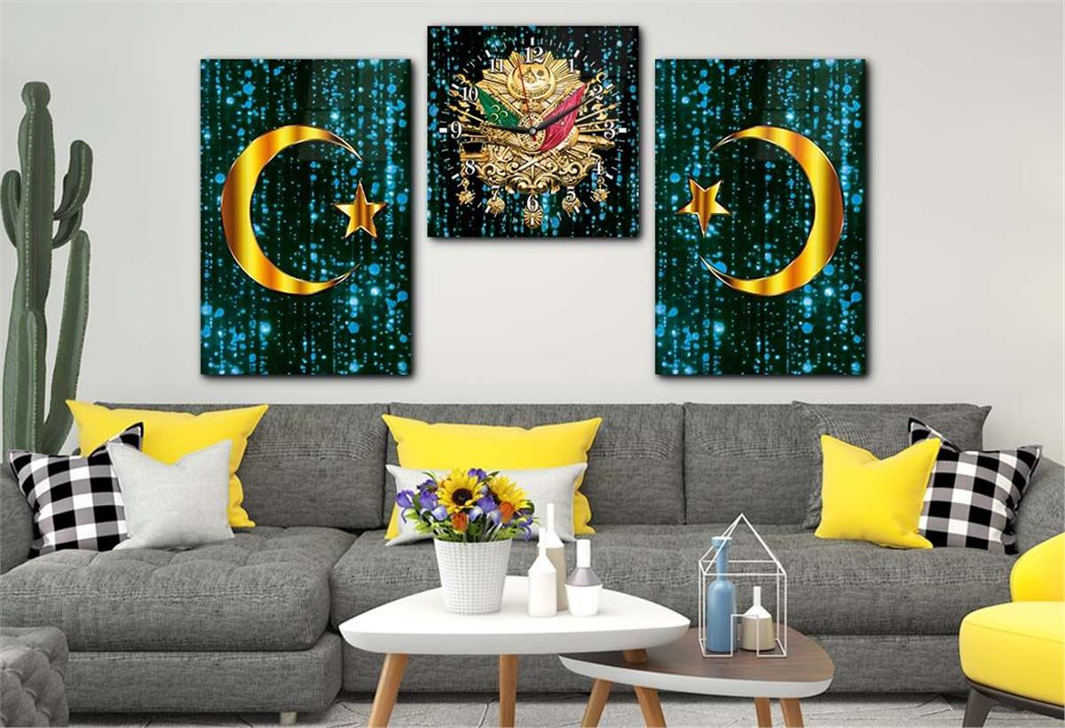 Ottoman State Coat of Arms and Crescent-Star Tempered Glass Wall Art Set with Clock
