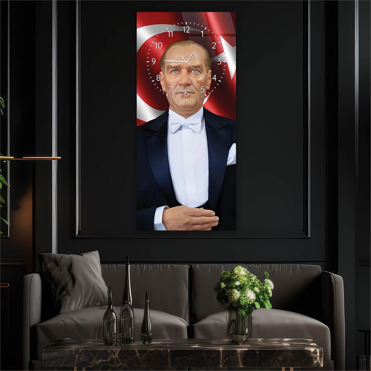 Vertical National Themed Glass Wall Art with Clock at the Top 005