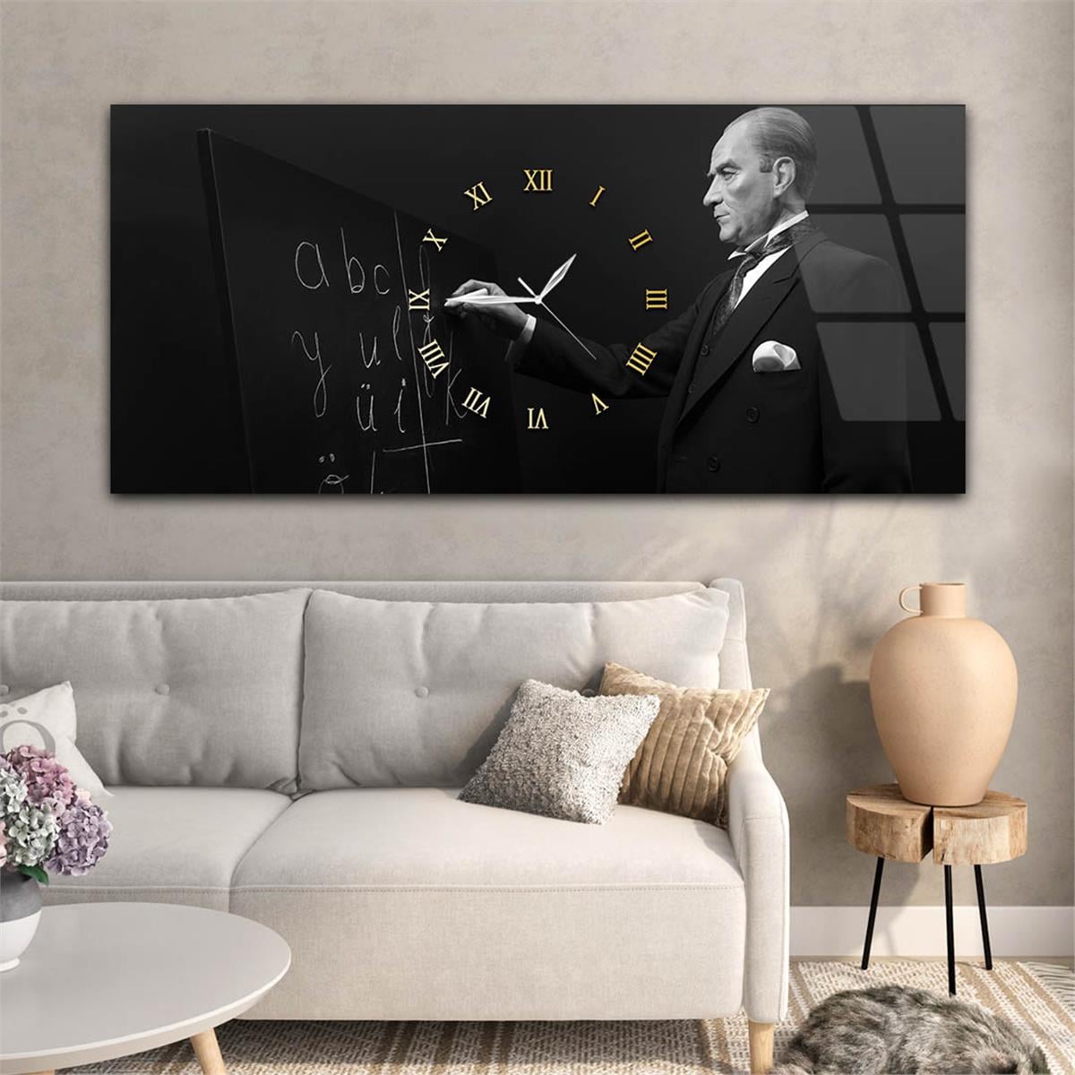 Harf İnkılâbı ve Atatürk Yatay Ortadan Saatli  Vatan Temalı Cam Tablo 057