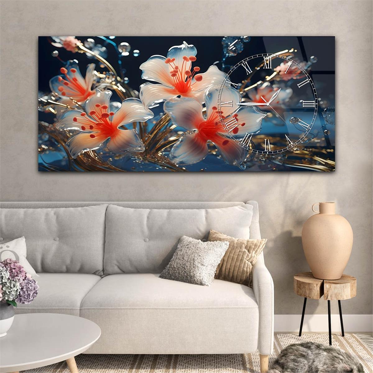 Yatay Saatli Yandan Sanat Temalı Cam Tablo 249