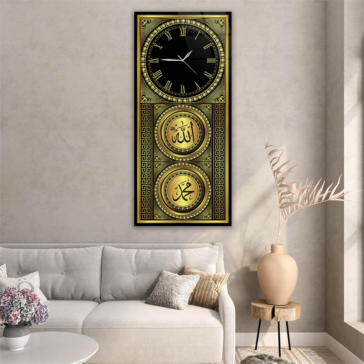 Vertical Religious Themed Glass Wall Art with Clock at the Top  037
