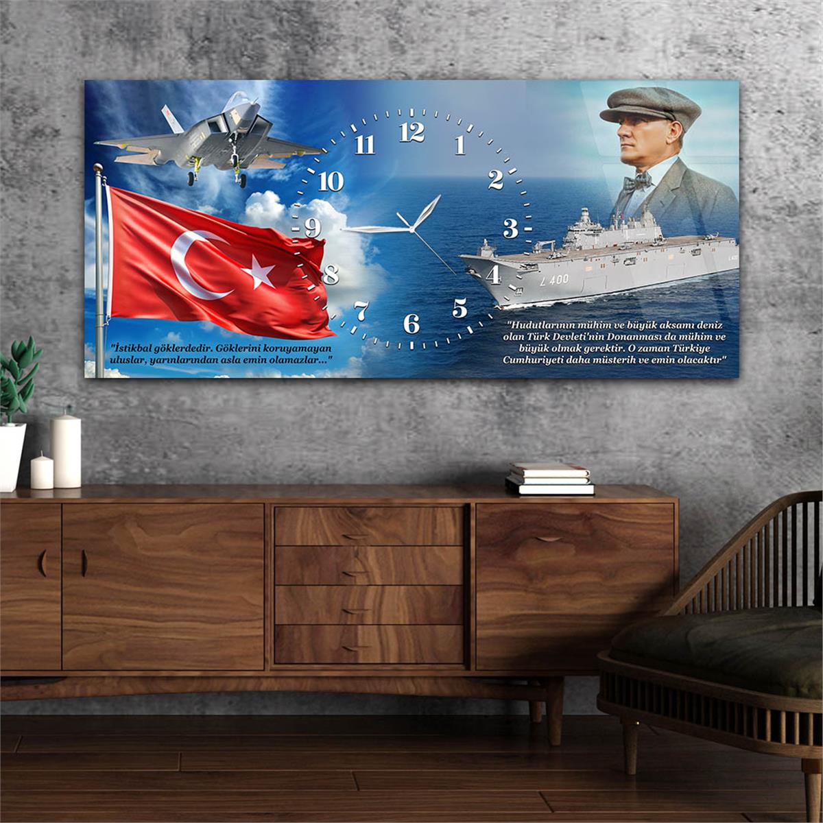 Yatay Saatli Ortadan Vatan Temalı Cam Tablo 140