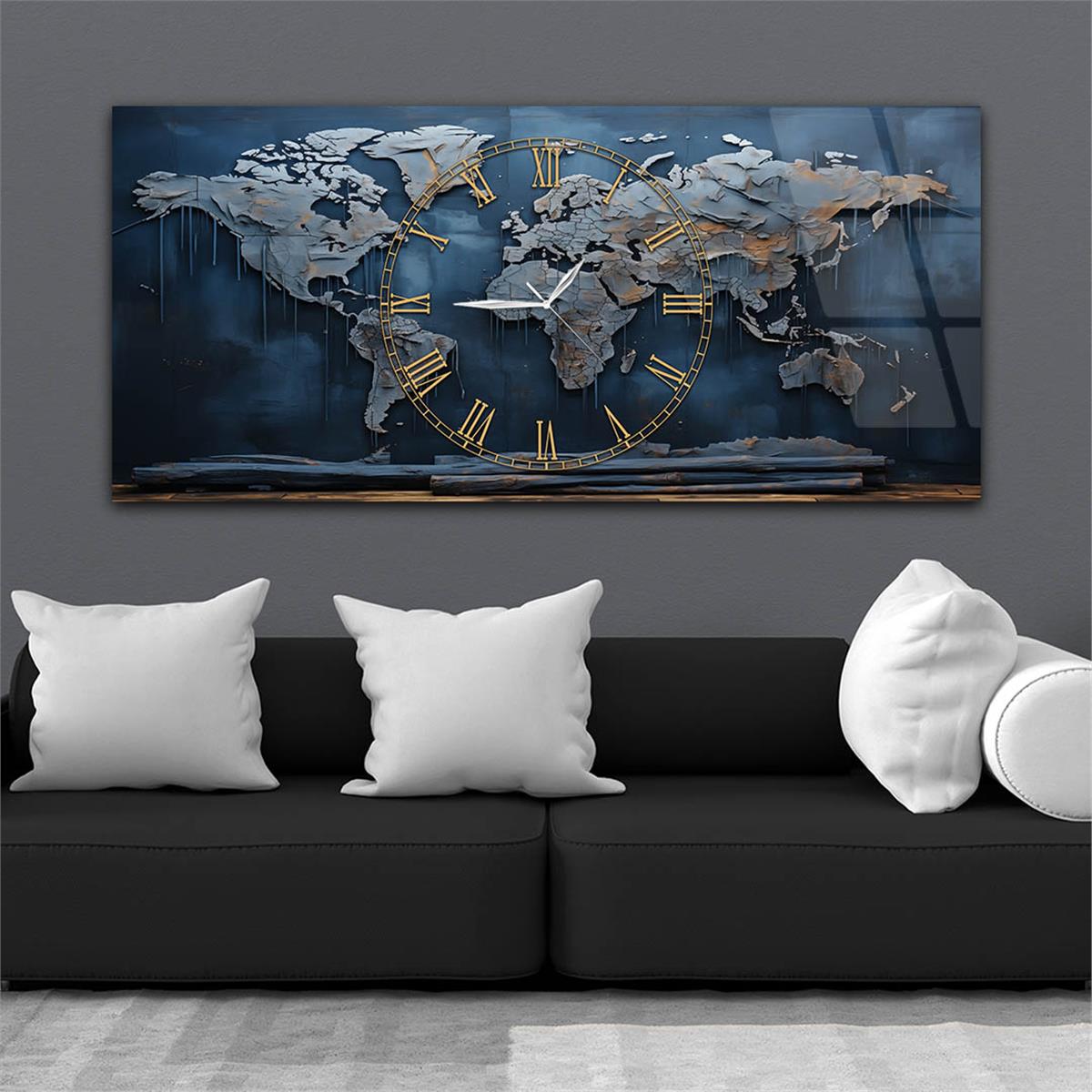 Yatay Saatli Ortadan Vatan Temalı Cam Tablo 139