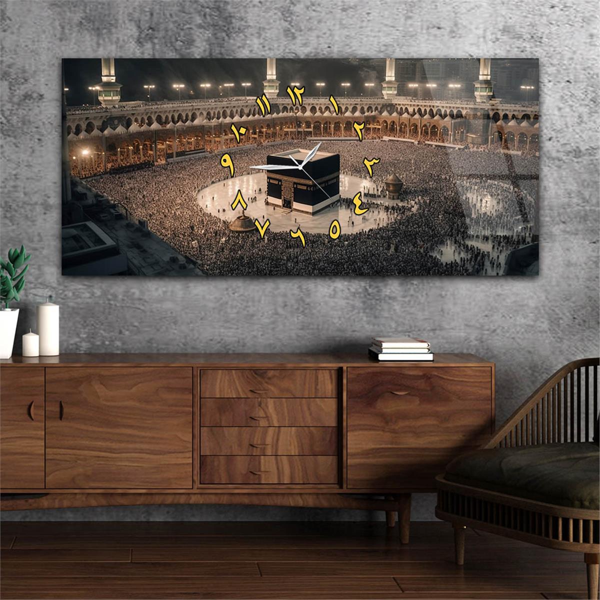 Yatay Ortadan Saatli  Dini Temalı Cam Tablo 089