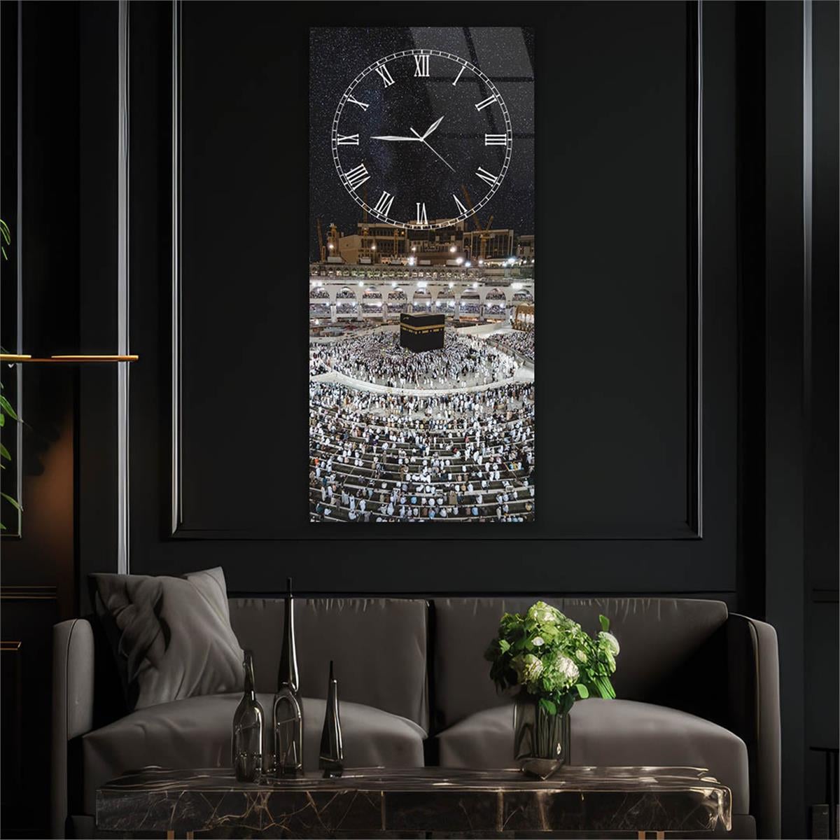 Vertical Religious Themed Glass Wall Art with Clock at the Top  023