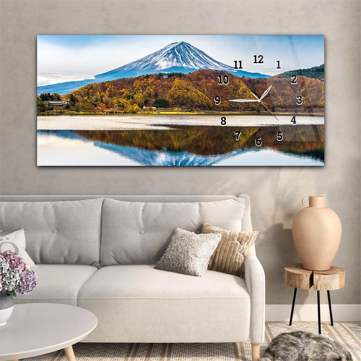Yatay Saatli Yandan Sanat ve Doğa Temalı Cam Tablo 172