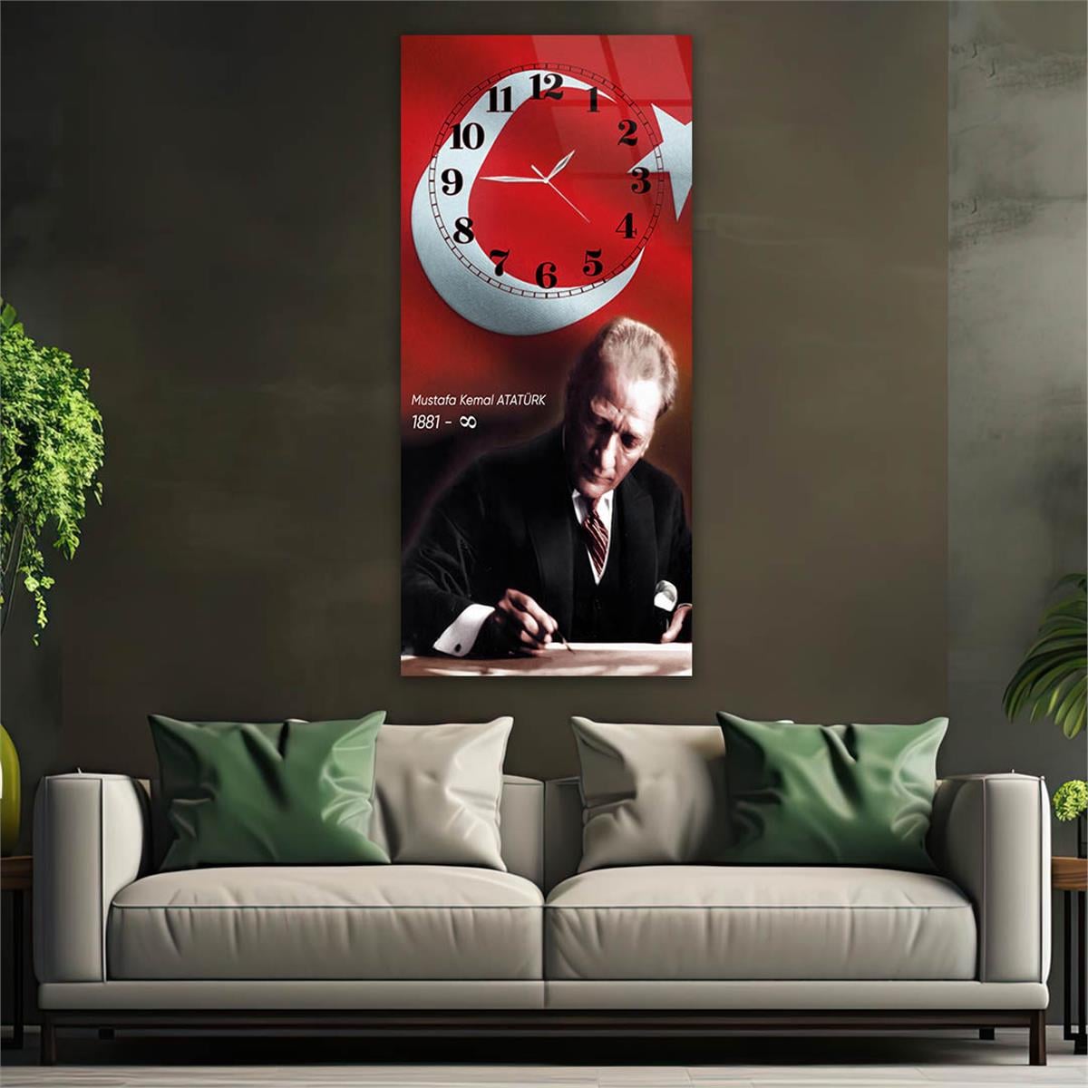 Vertical National Themed Glass Wall Art with Clock at the Top 029