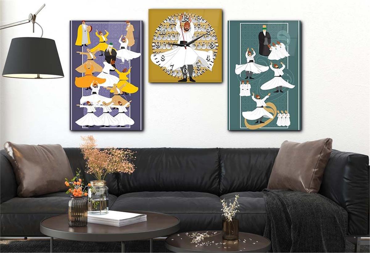 Whirling Dervish Themed Glass Wall Art Set with Clock , Glass Wall printing Clock Set with Mevlevi Visual