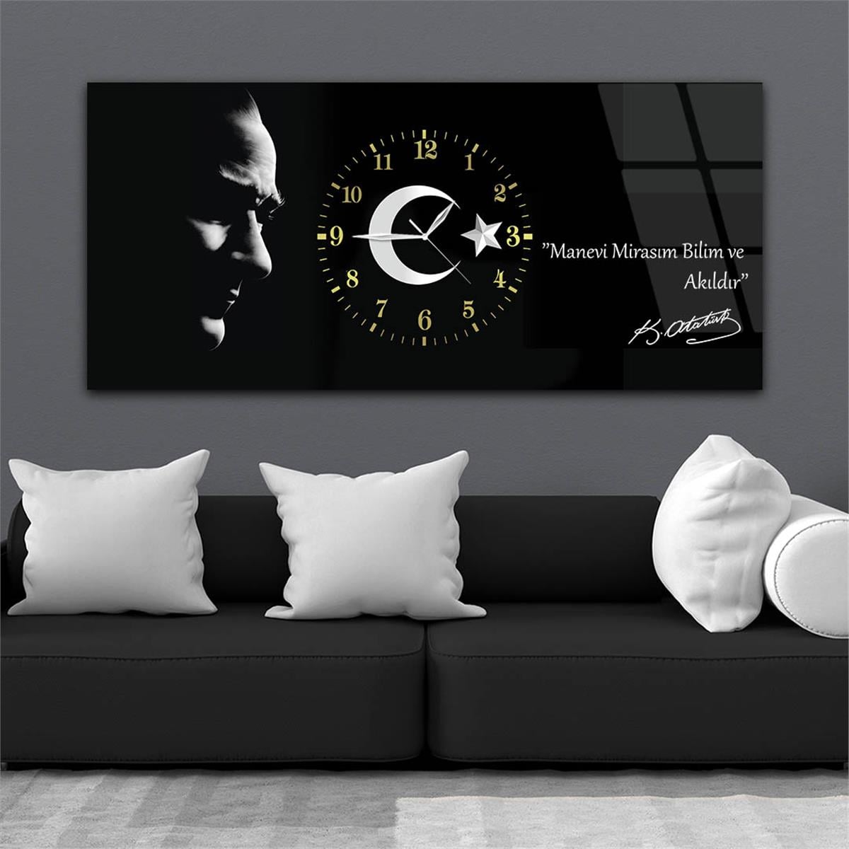 Yatay Ortadan Saatli  Vatan Temalı Cam Tablo 019