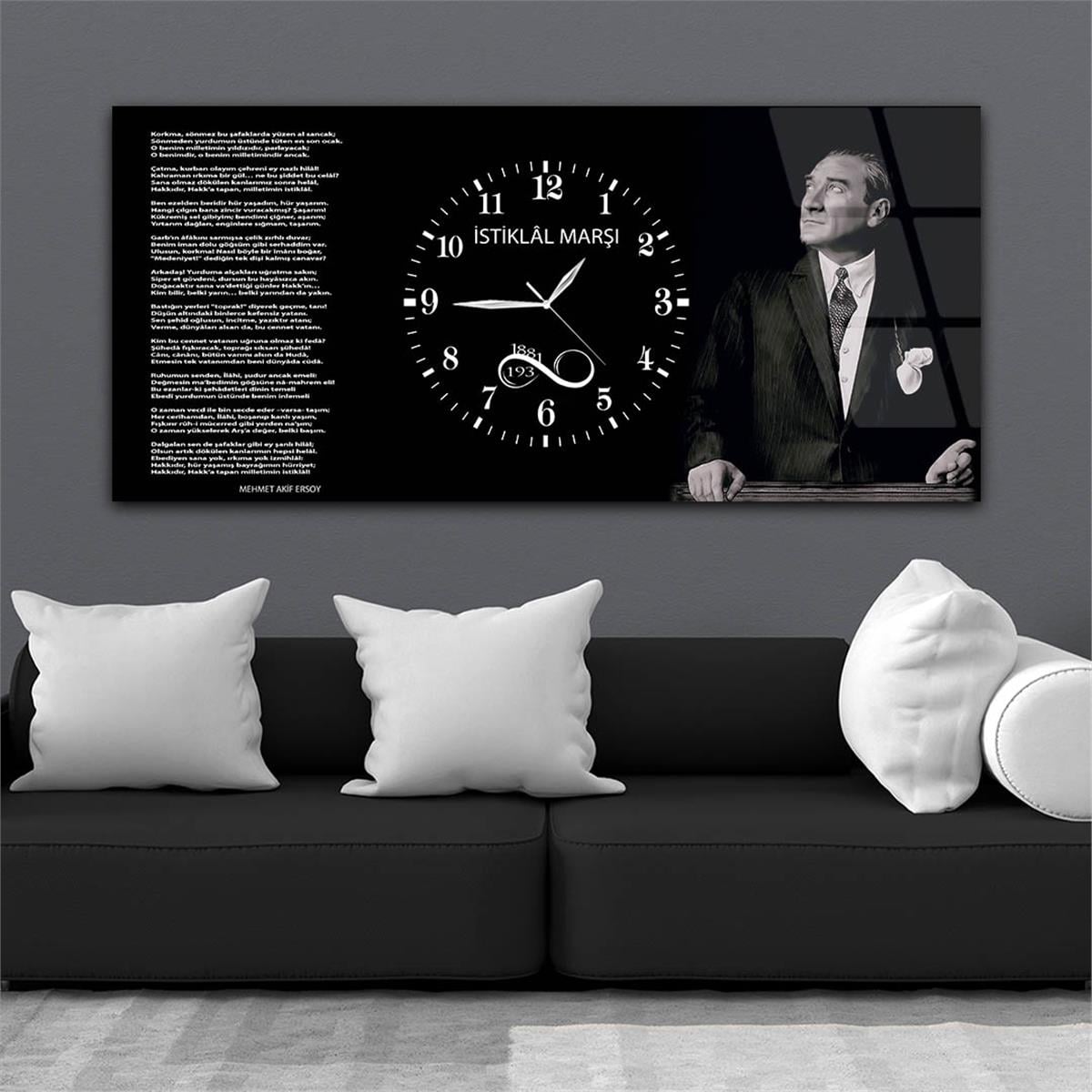 Mustafa Kemal Atatürk , İstiklal Marşı ve 1881-1938 Yazılı Saatli  Vatan Temalı Cam Tablo 045