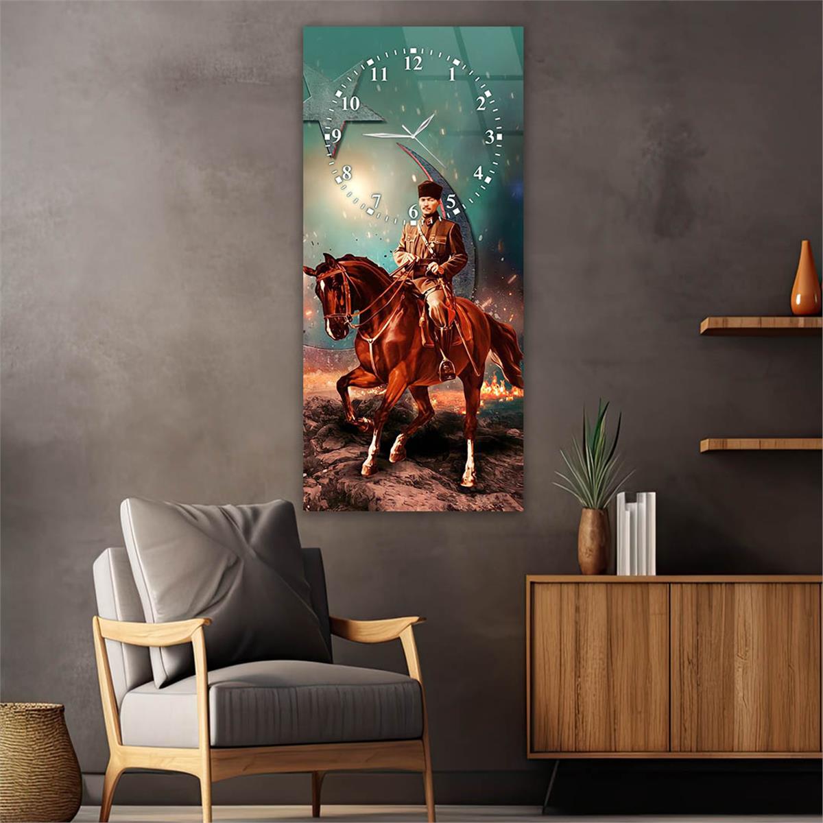 Vertical National Themed Glass Wall Art with Clock at the Top 023