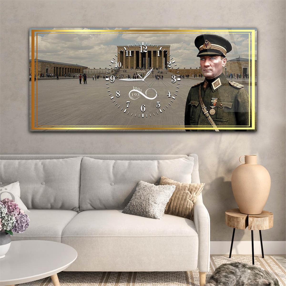 Askeri kıyafetli Atatürk ve Anıtkabir Yatay Ortadan Saatli  Vatan Temalı Cam Tablo 043