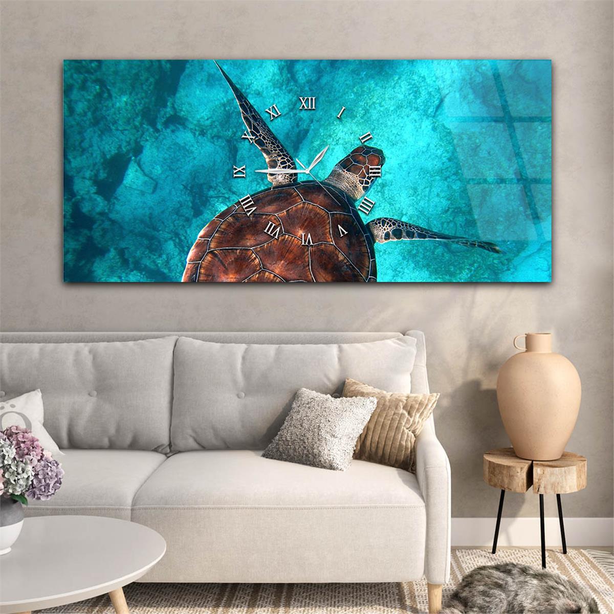 Yatay Ortadan Saatli  Sanat ve Doğa Temalı Cam Tablo 009