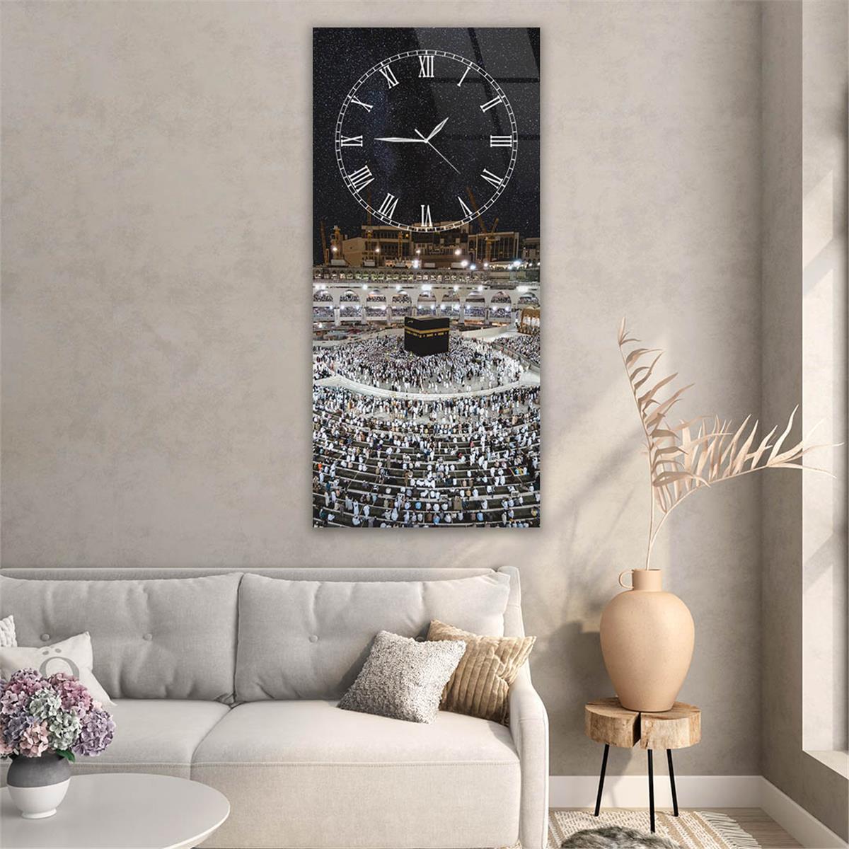 Vertical Religious Themed Glass Wall Art with Clock at the Top  023