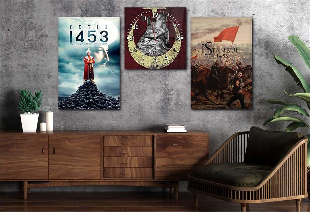 FATİH SULTAN MEHMET HAN GÖRSELLİ CAM TABLO CAM DUVAR SAATİ SETİ 
