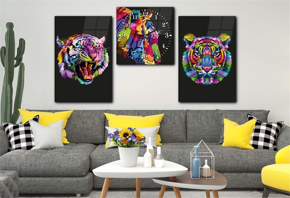 Tiger Tempered Glass Wall Art Set with Clock