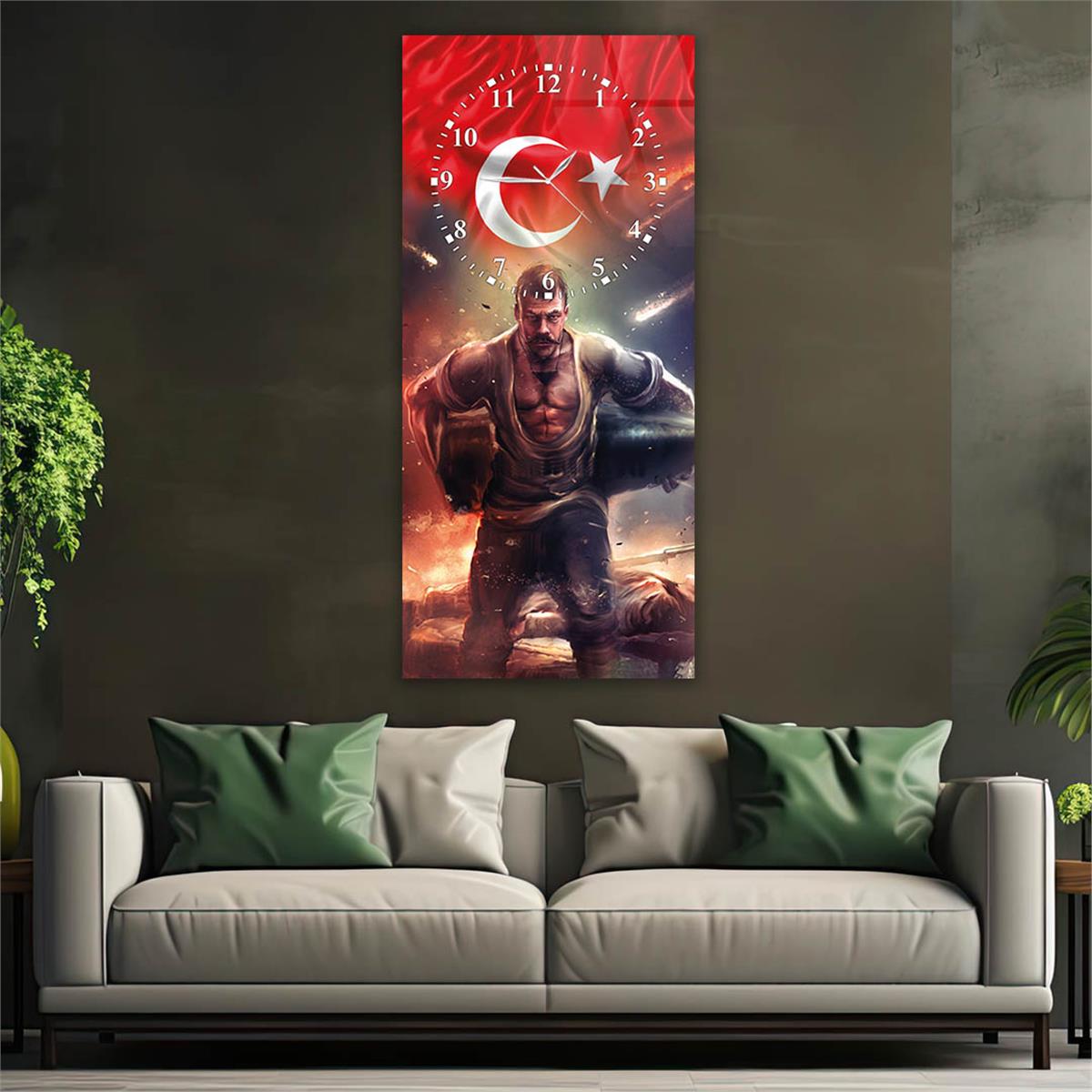 Vertical National Themed Glass Wall Art with Clock at the Top 001