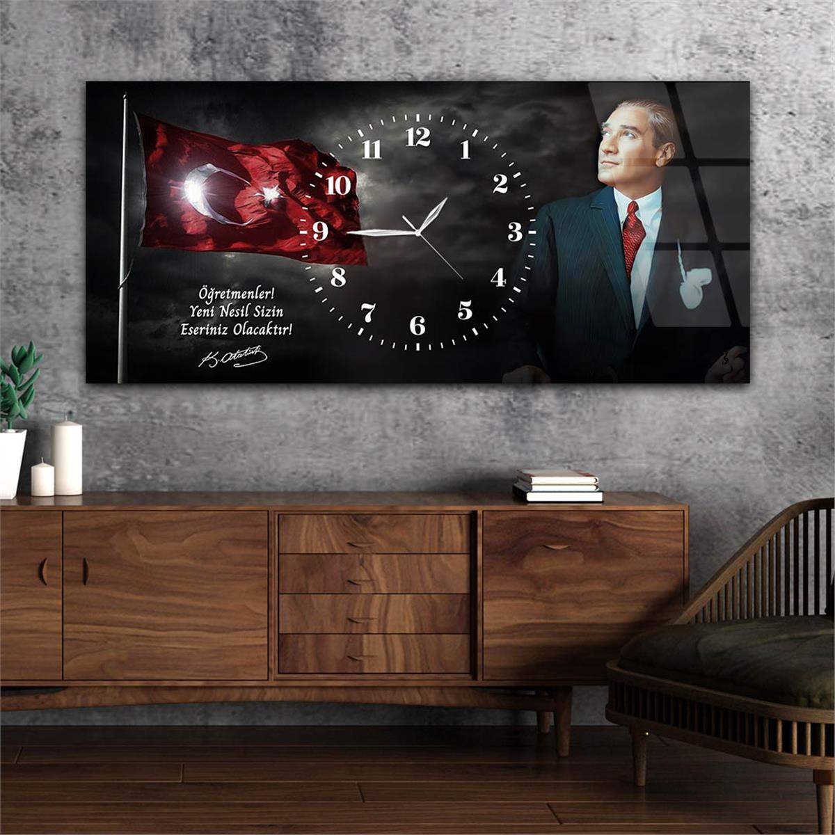 Yatay Saatli Ortadan Vatan Temalı Cam Tablo 156