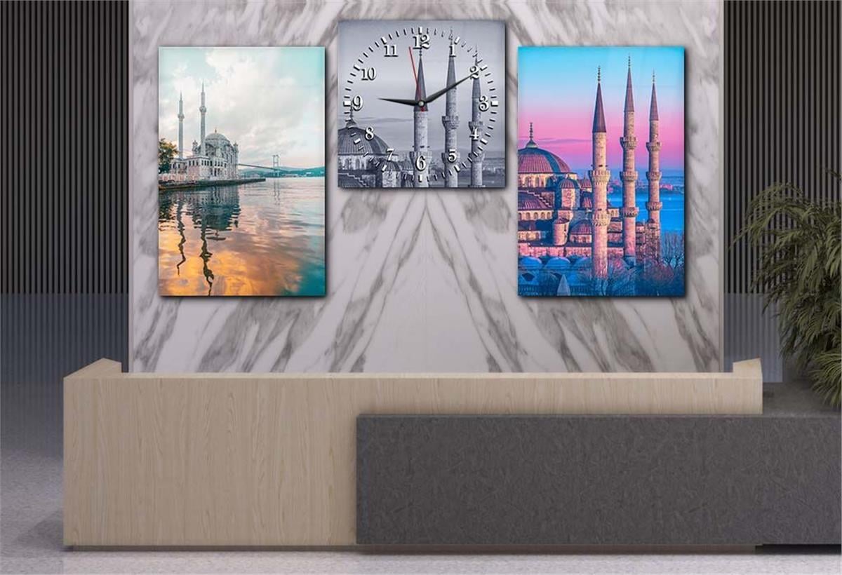 DİNİ TEMALI CAM TABLO CAM DUVAR SAAT SETİ 
