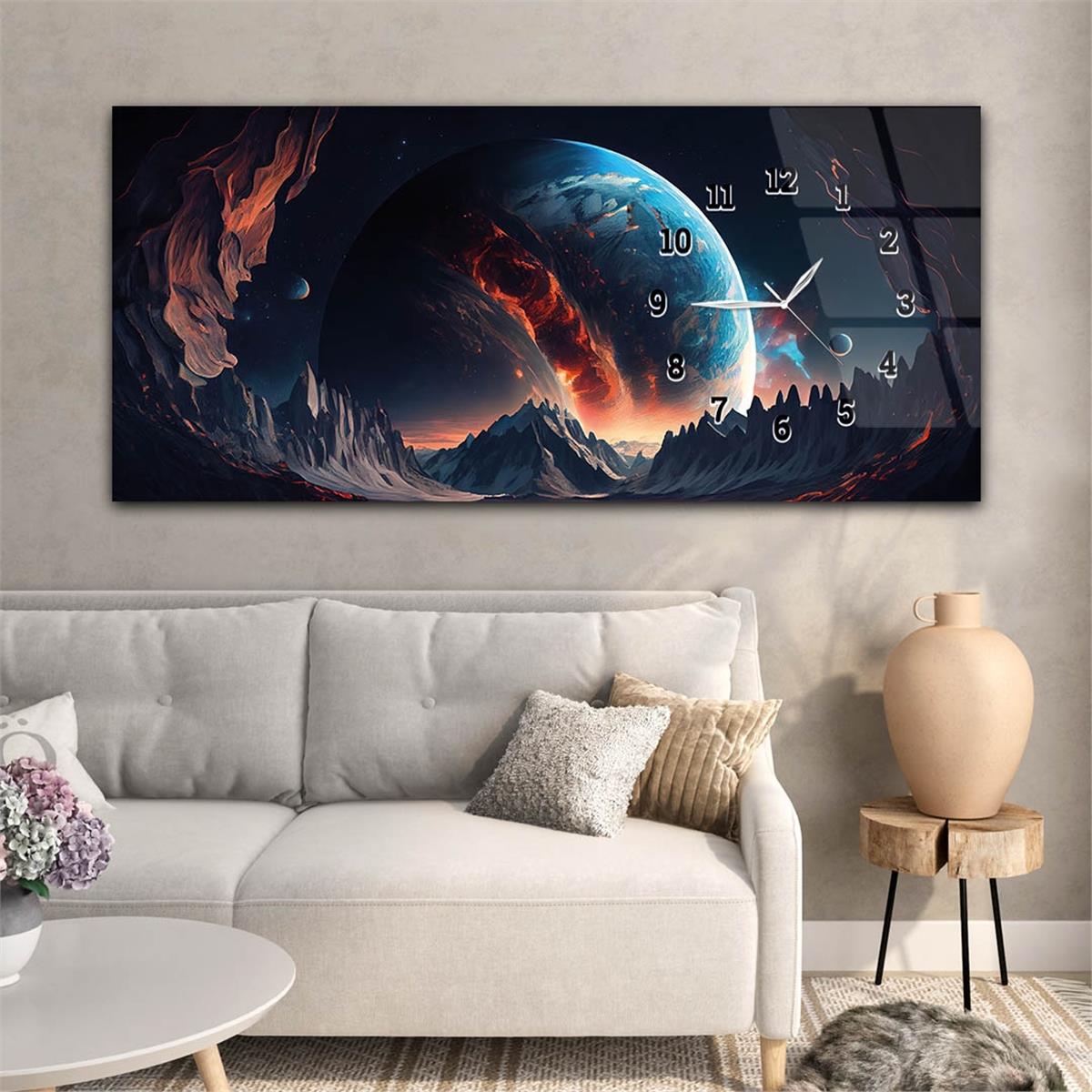 Yatay Saatli Yandan Sanat ve Doğa Temalı Cam Tablo 164