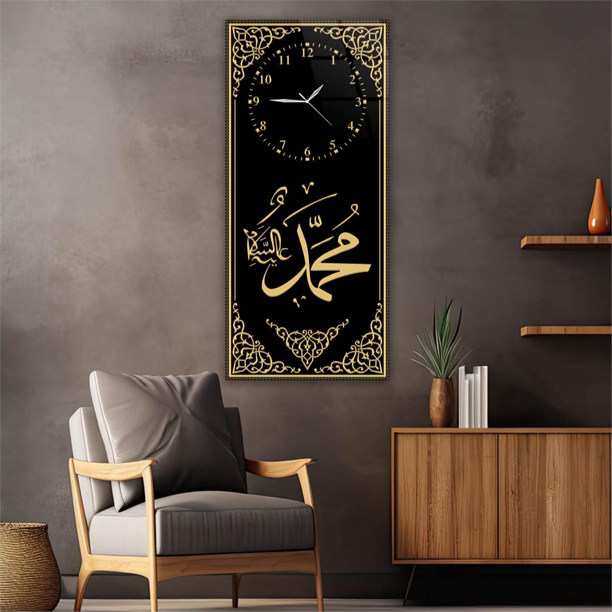 Vertical Religious Themed Glass Wall Art with Clock at the Top  014