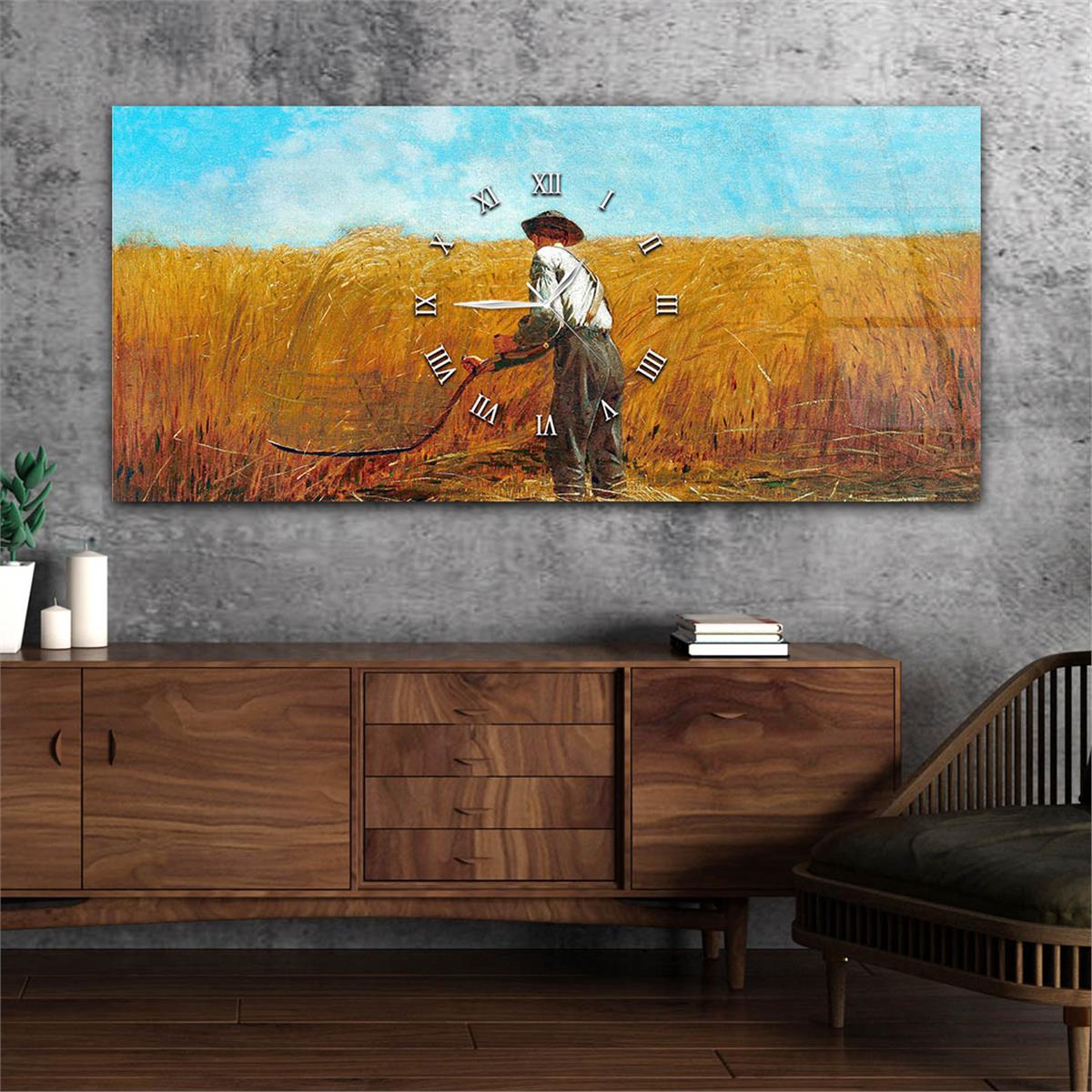 Yatay Ortadan Saatli  Sanat ve Doğa Temalı Cam Tablo 003