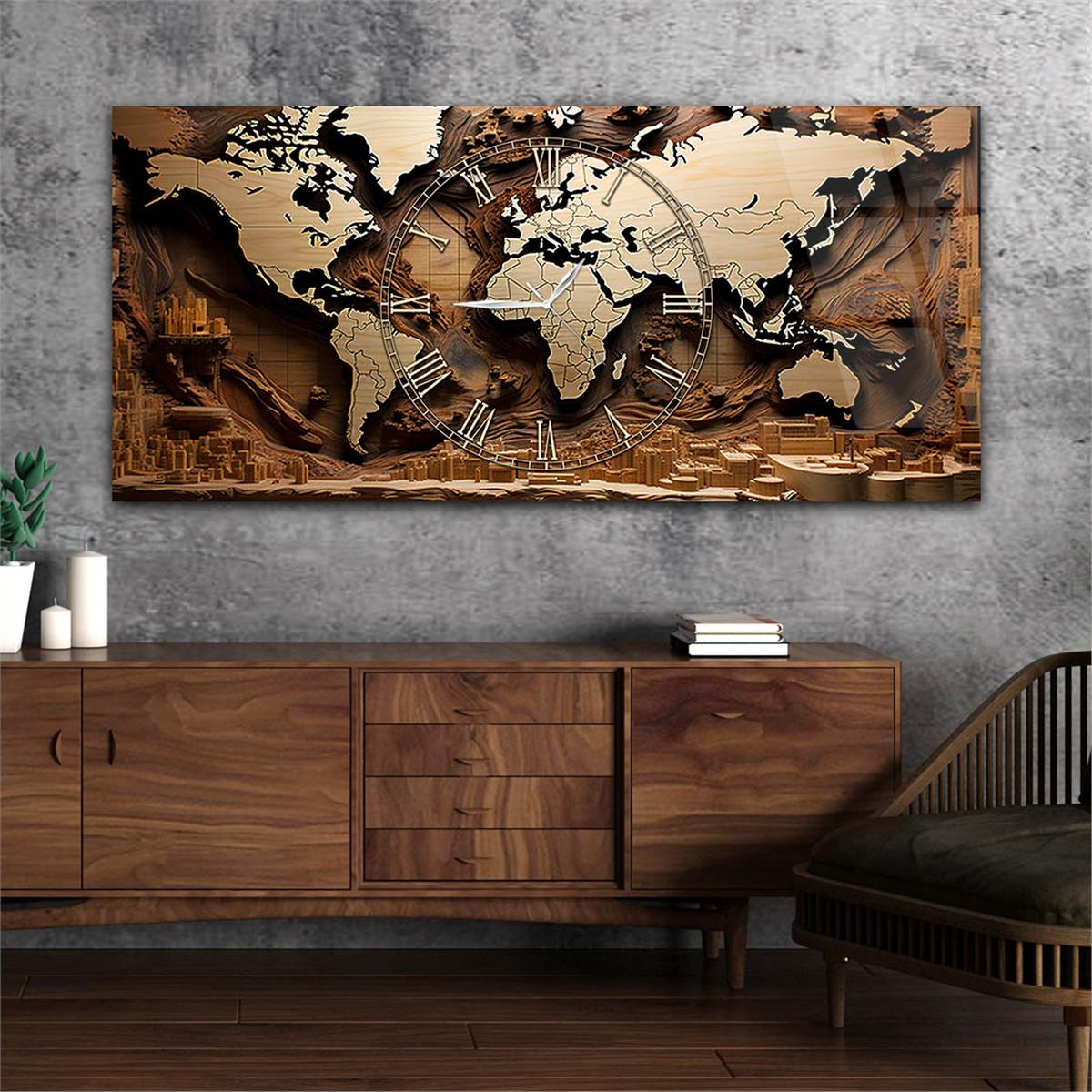 Koyu Kahve Zemin Üzerinde Roma Rakam Saatli Açık Kahve Dünya Haritası Cam Tablo - Şık ve Modern Dekorasyon