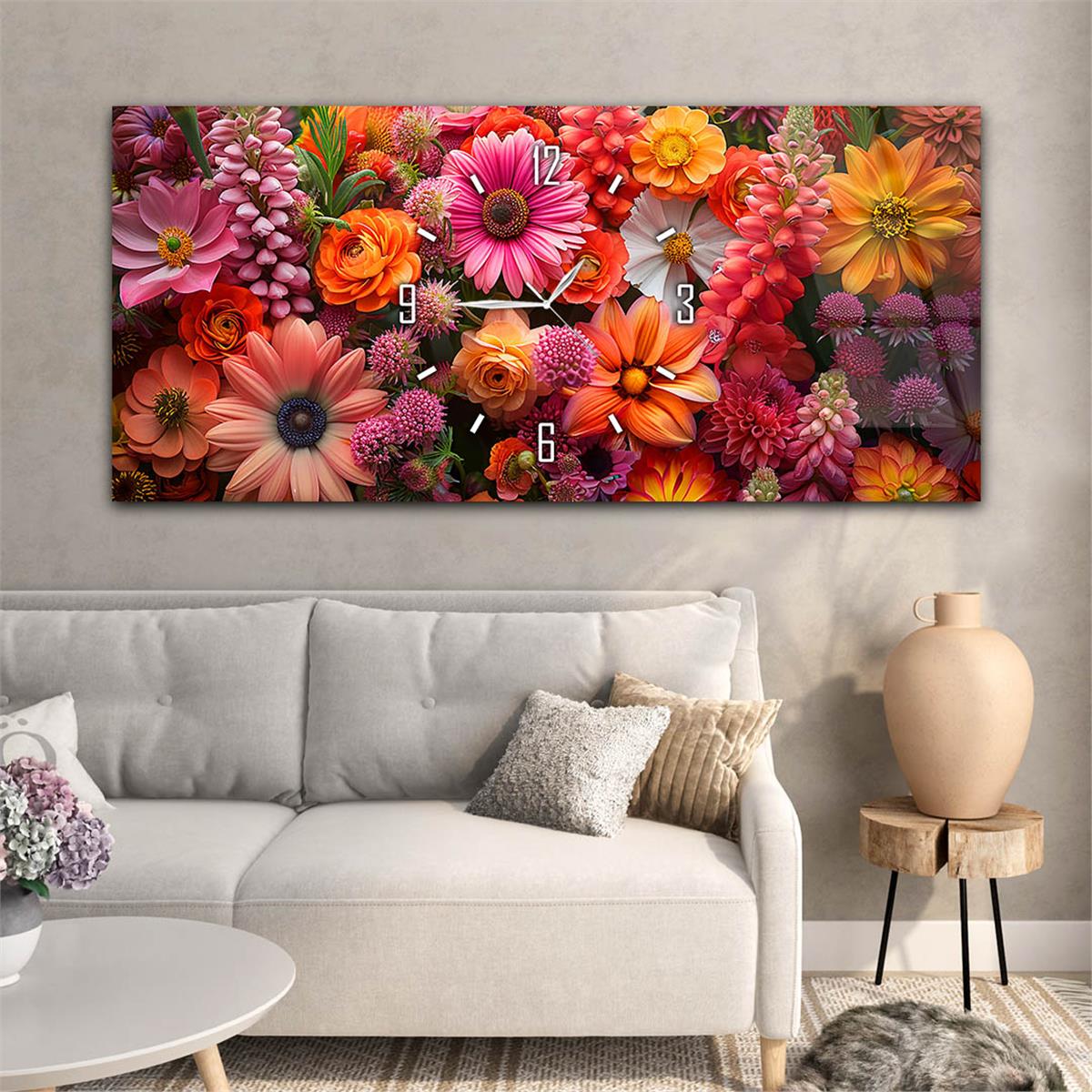 Renkli Çiçekli Saatli Cam Tablo