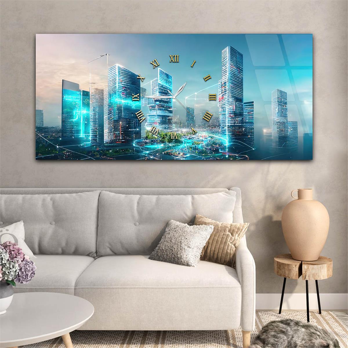 Yatay Ortadan Saatli  Sanat ve Doğa Temalı Cam Tablo 047