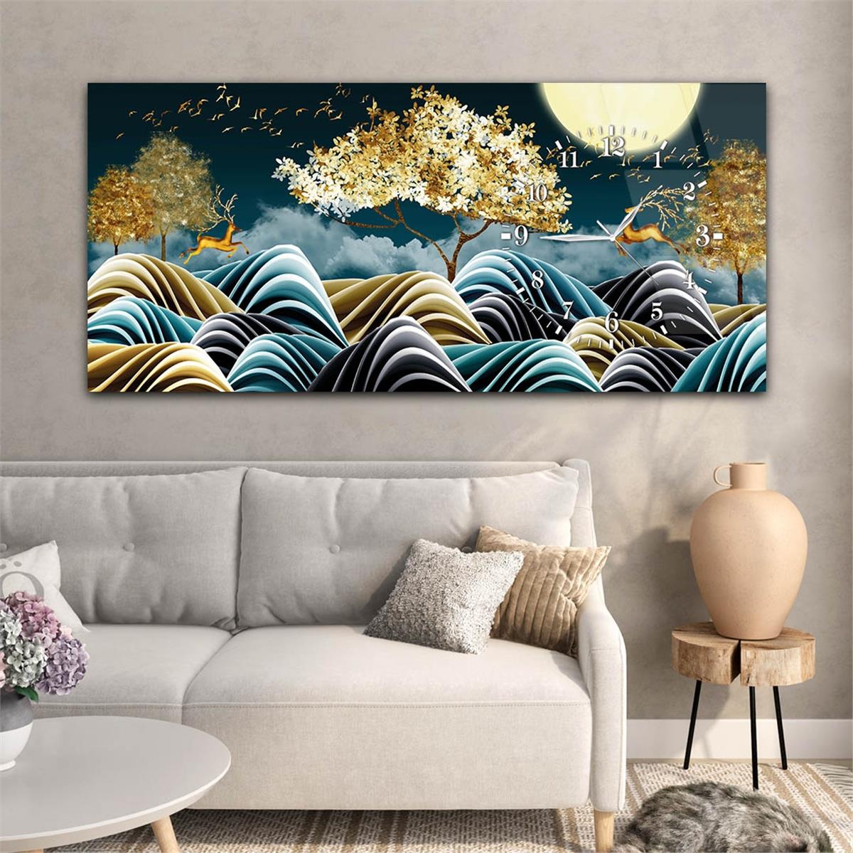 Side-Clock, Art And Nature-Themed Horizontal Glass Wall Painting 012