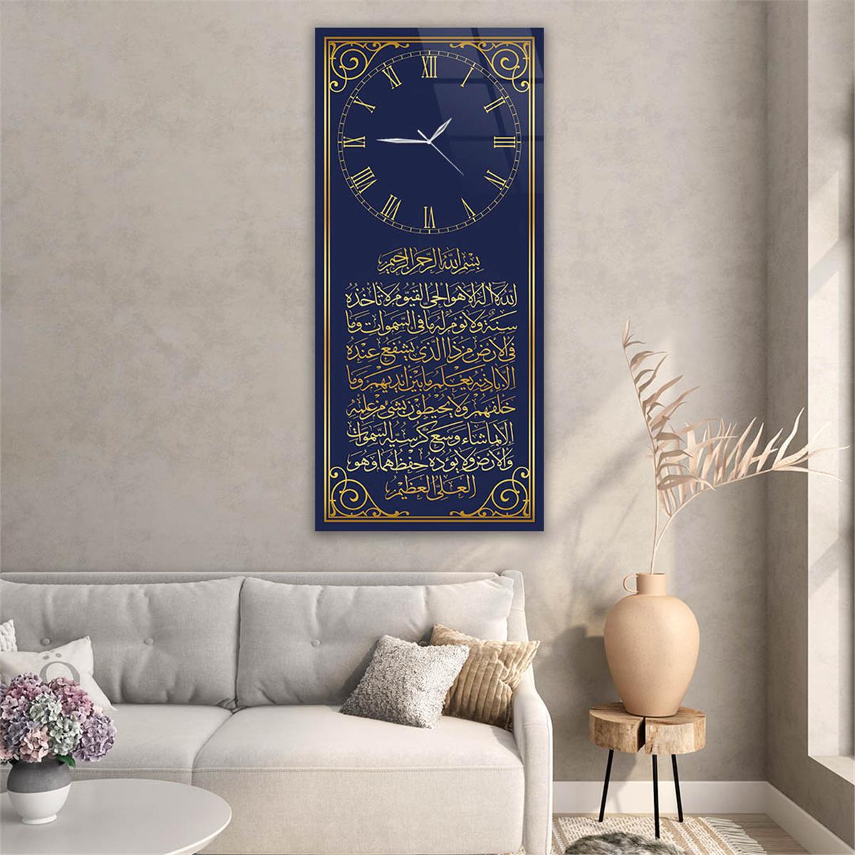 Vertical Religious Themed Glass Wall Art with Clock at the Top  004