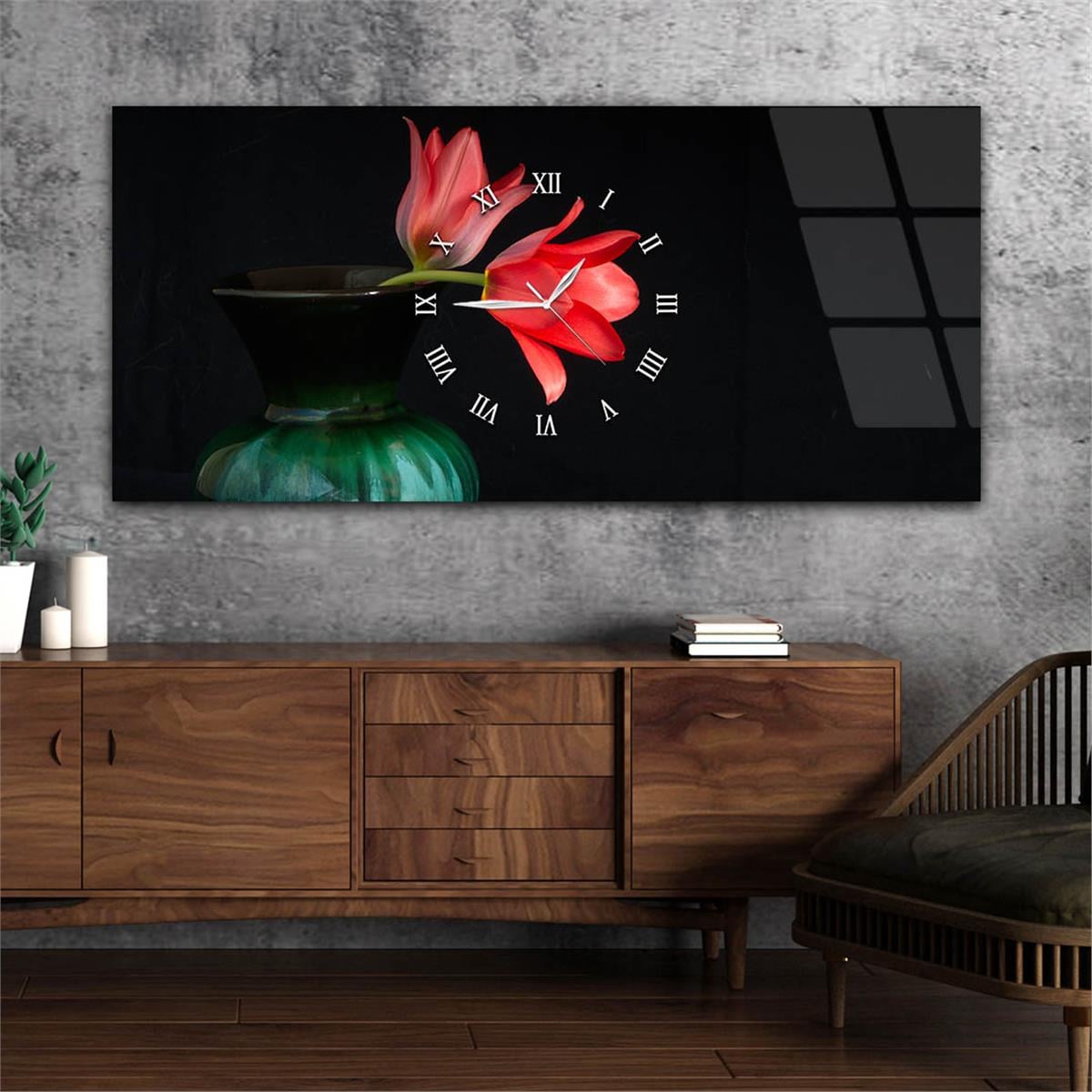 Yatay Ortadan Saatli  Sanat ve Doğa Temalı Cam Tablo 020