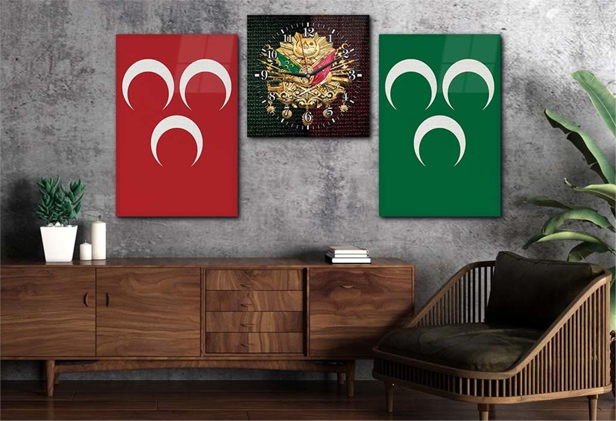 Ottoman State Coat of Arms and Three Crescent Tempered Glass Wall Art Set with Clock