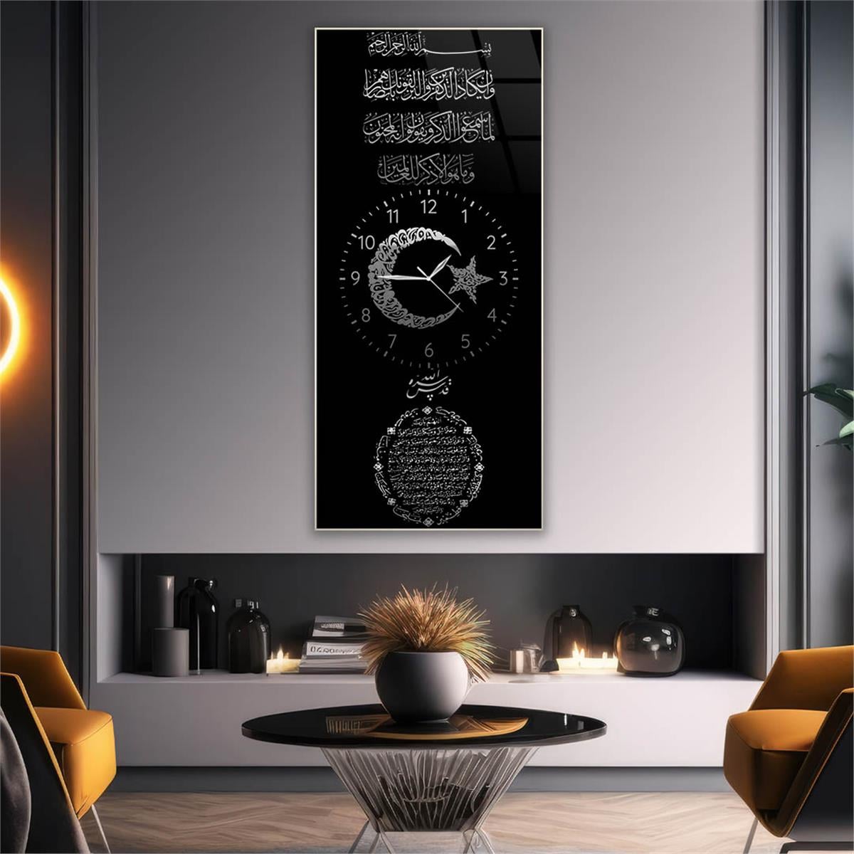 Vertical Religious Themed Glass Wall Art with Clock at the Center 024