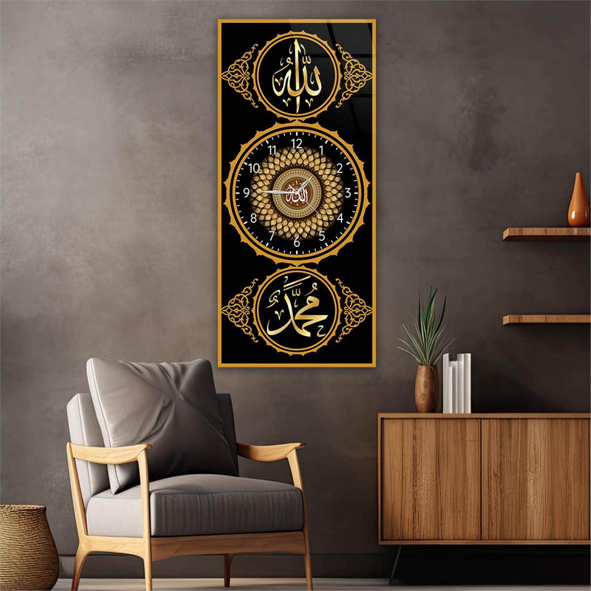 Vertical Religious Themed Glass Wall Art with Clock at the Center 015