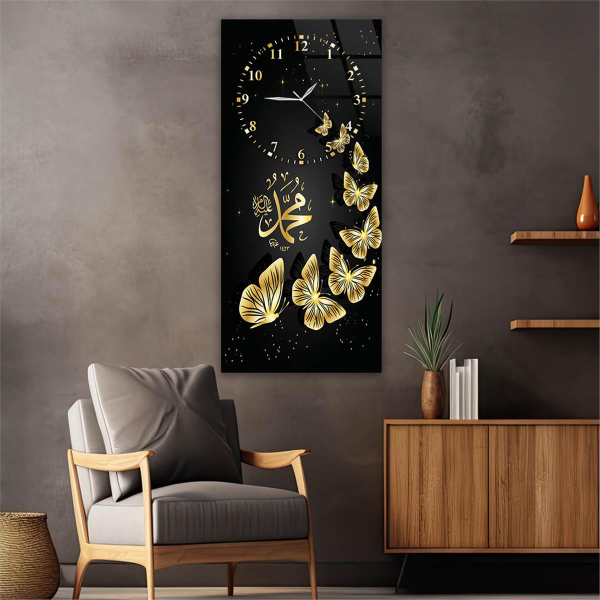 Vertical Religious Themed Glass Wall Art with Clock at the Top  008