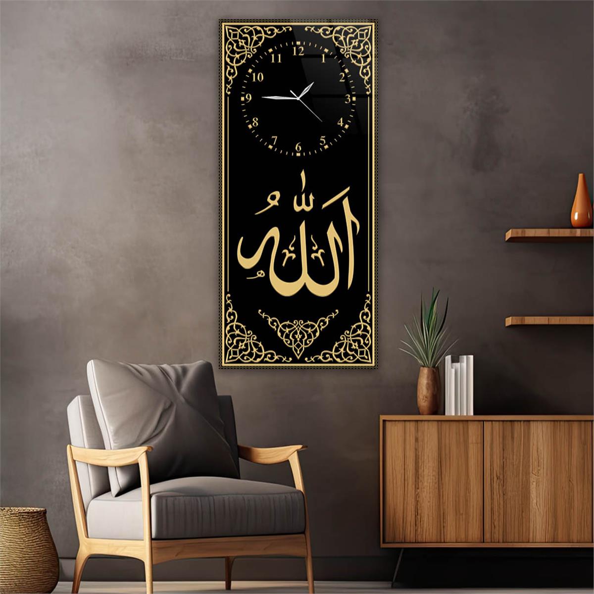 Vertical Religious Themed Glass Wall Art with Clock at the Top  013