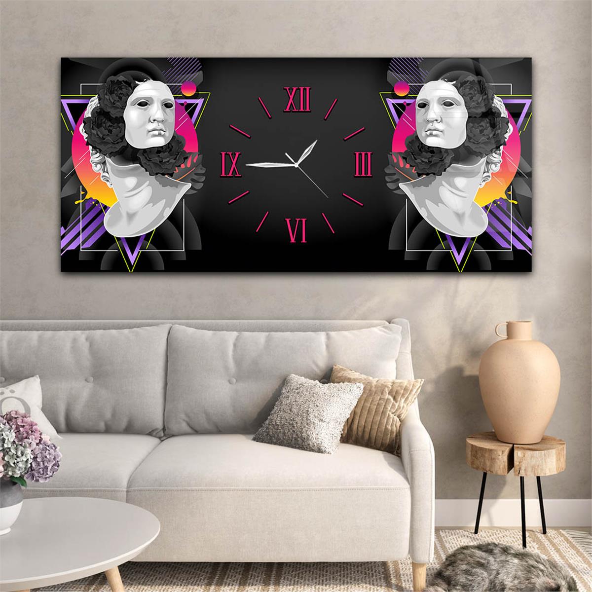 Yatay Ortadan Saatli  Sanat ve Doğa Temalı Cam Tablo 094