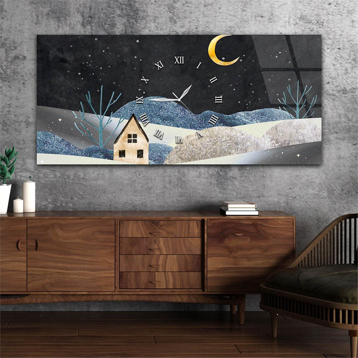 Yatay Ortadan Saatli  Sanat ve Doğa Temalı Cam Tablo 019