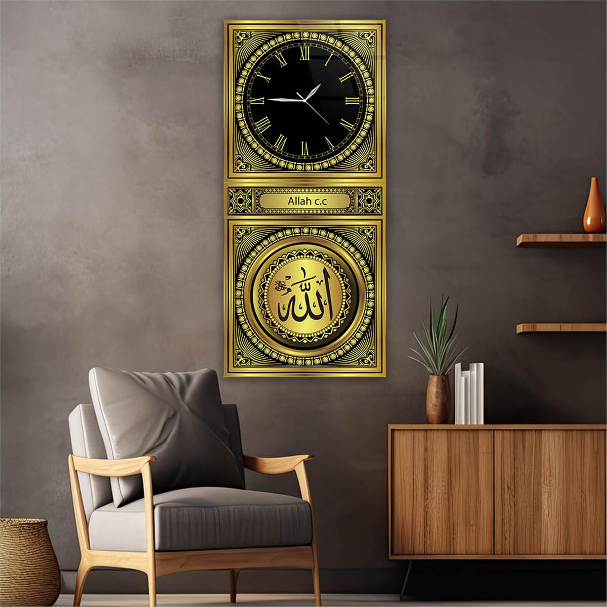 Vertical Religious Themed Glass Wall Art with Clock at the Top  035
