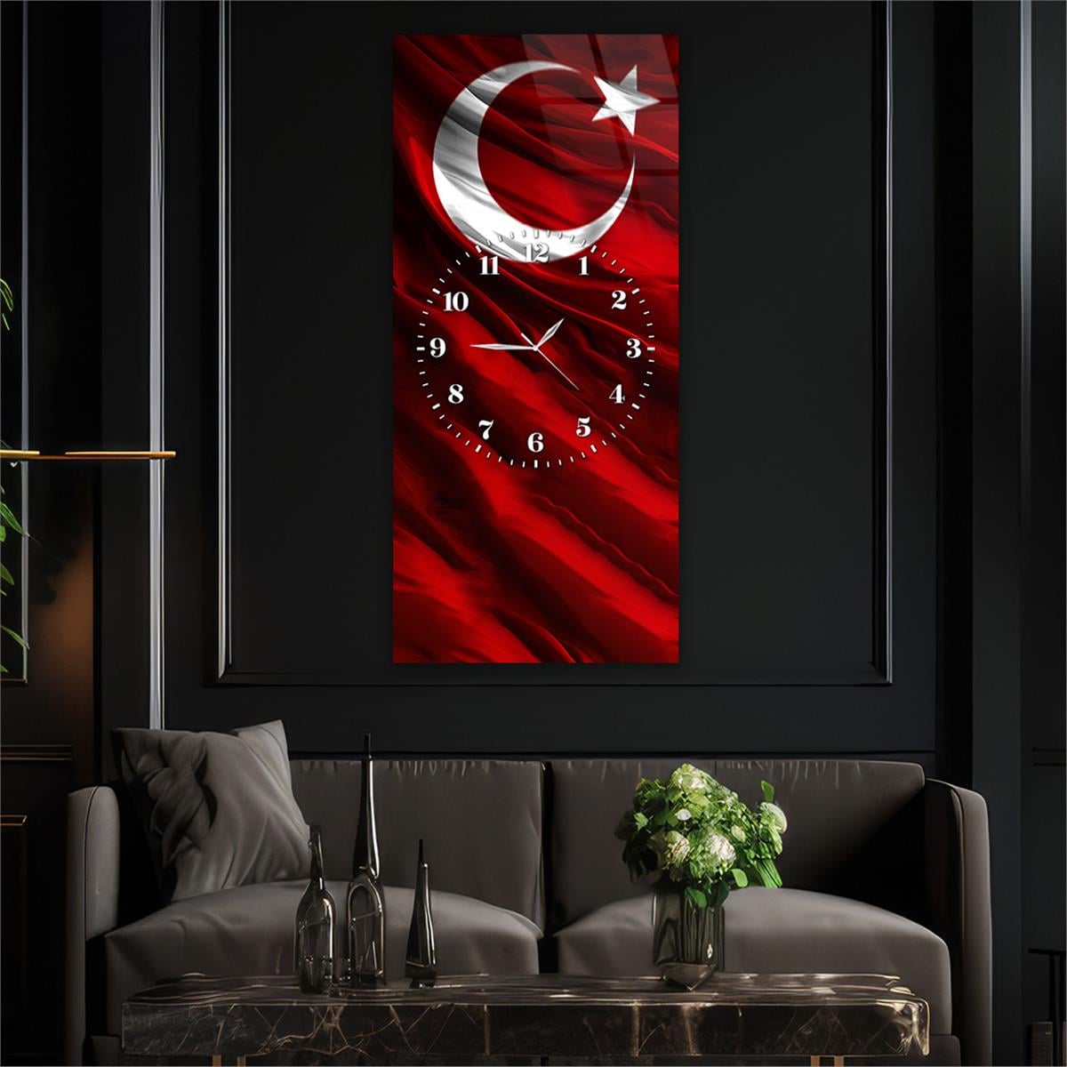 Dikey Ortadan Saatli Vatan Temalı Cam Tablo 001