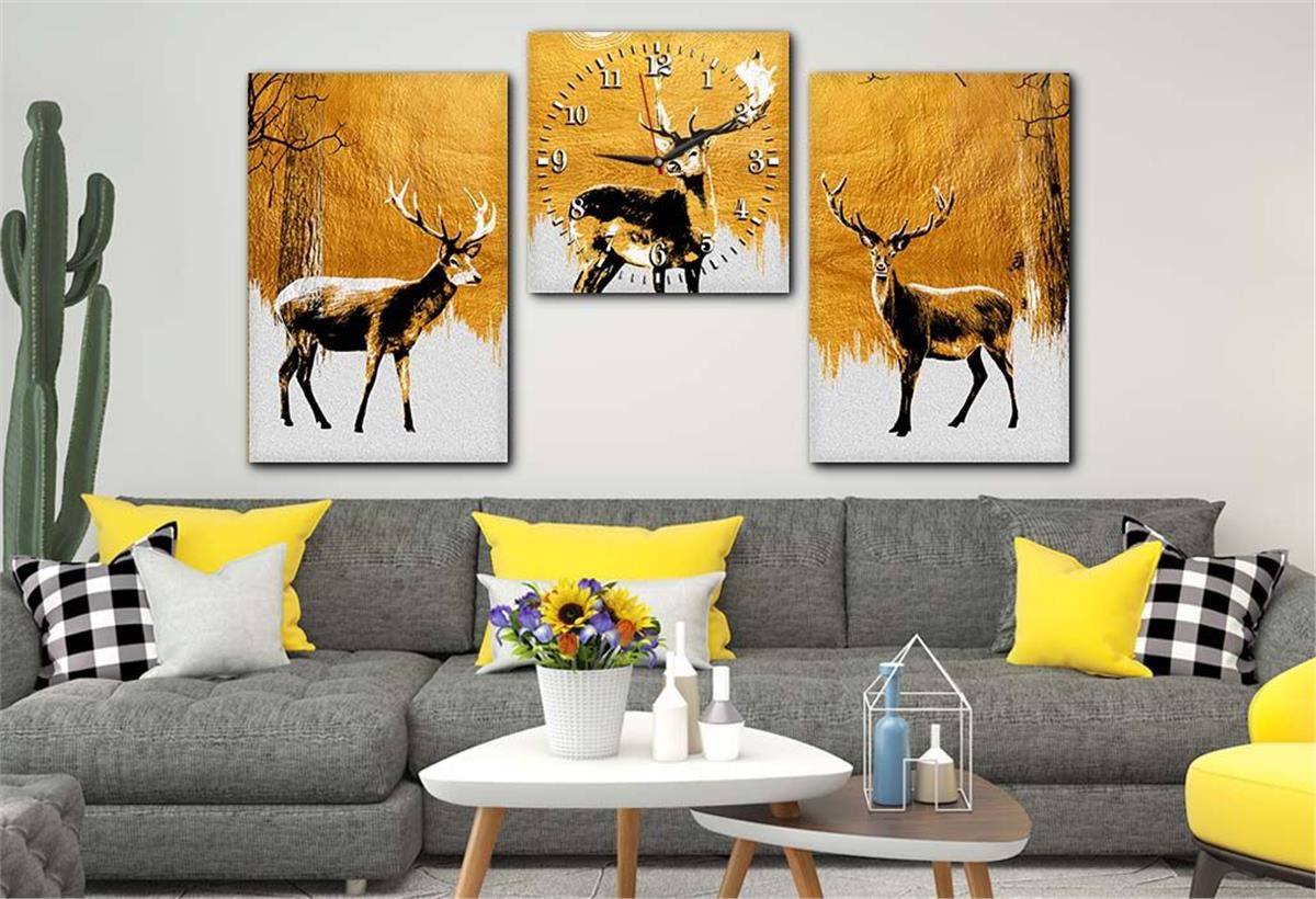 Deer Tempered Glass Wall Art Set with Clock