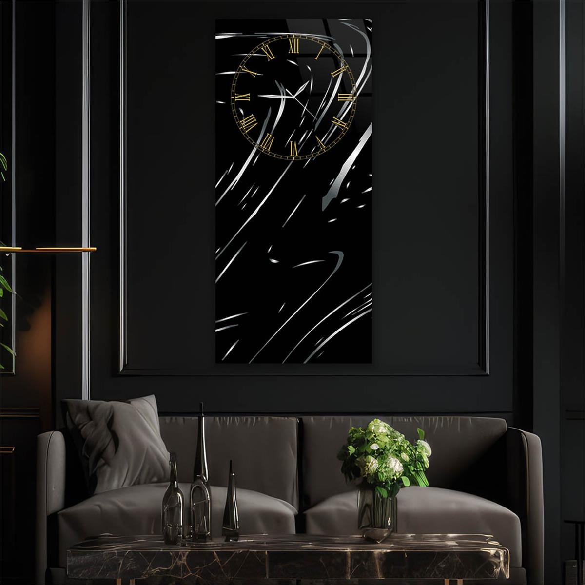 Dikey Üstten Saatli Sanat Temalı Cam Tablo 070