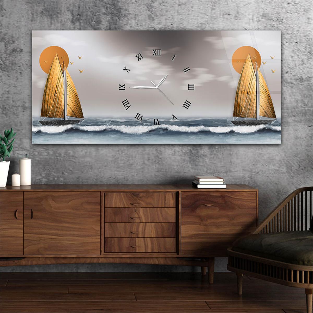 Yatay Ortadan Saatli  Sanat ve Doğa Temalı Cam Tablo 079