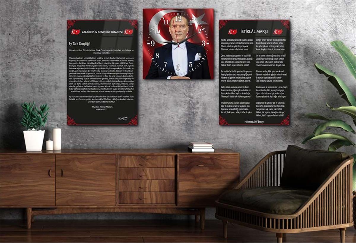 Atatürk, Independence March, and Youth Address Glass Wall Art Set with Clock