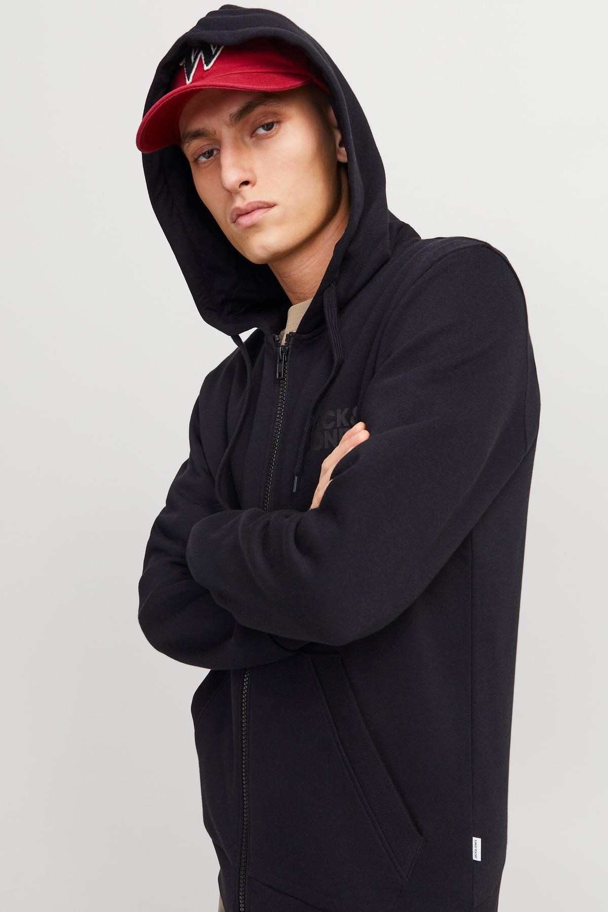 Jack & Jones JJECORP Logo Erkek Fermuarlı Kapüşonlu Sweatshirt Günlük Rahat 