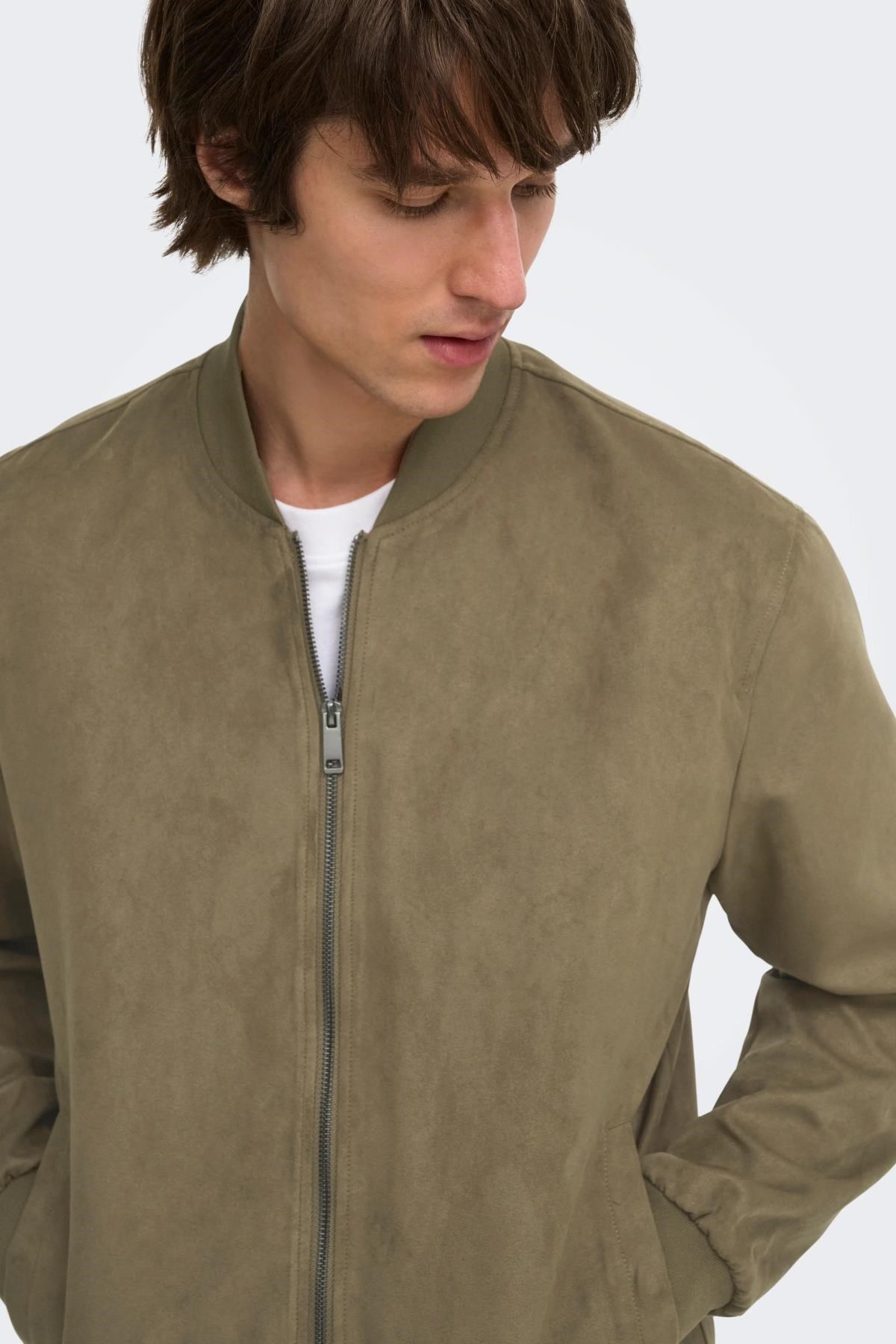 Only & Sons ONSLUCAS Erkek Süet Görünümlü Bomber Ceket Günlük Rahat Şık 