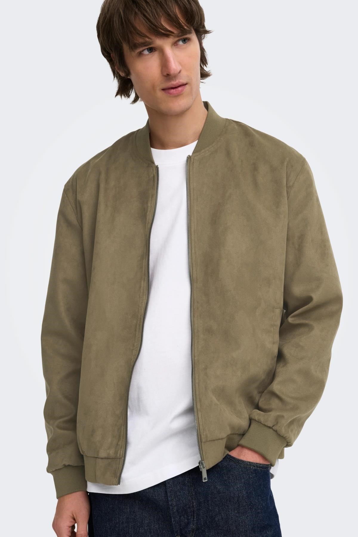 Only & Sons ONSLUCAS Erkek Süet Görünümlü Bomber Ceket Günlük Rahat Şık 