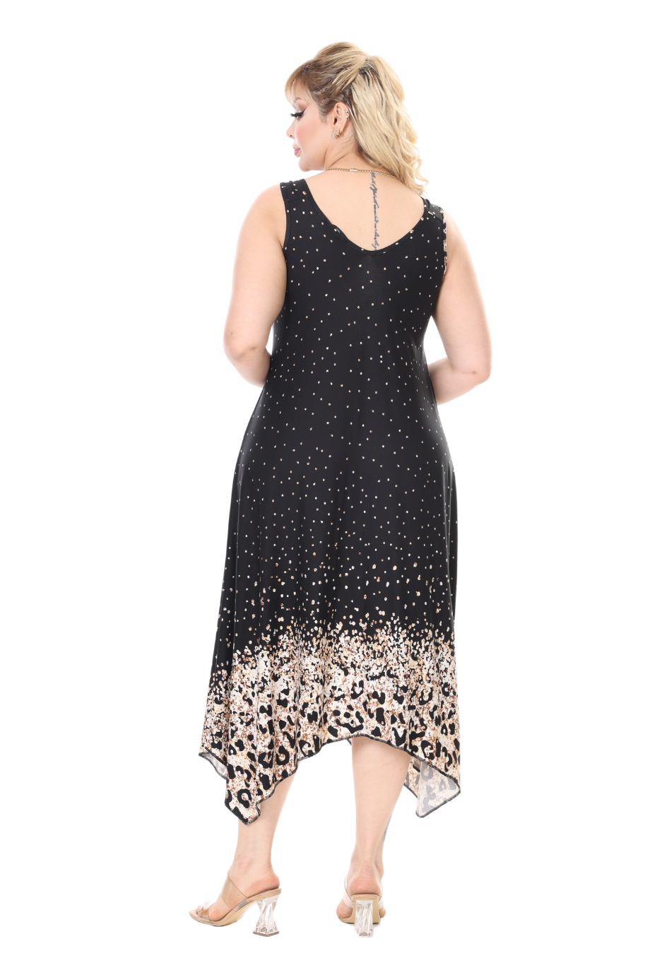 Melsay Butik Askılı V Yaka Siyah Puanlı Eteği Leopar Desen Elbise