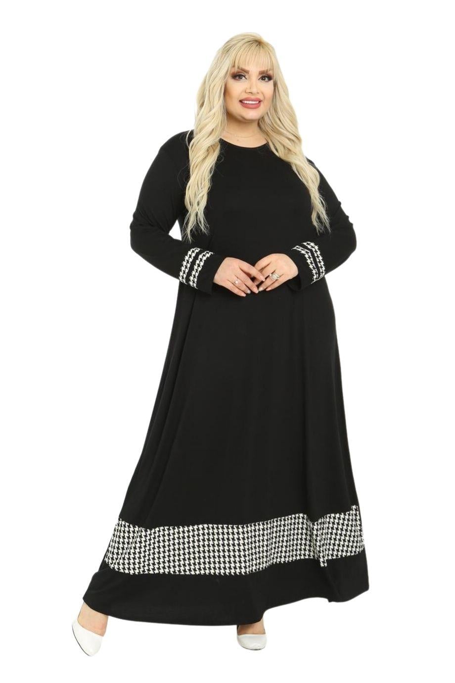 Melsay Butik Kazayağı Desenli Uzun Kollu Büyük Beden Tesettür Elbise